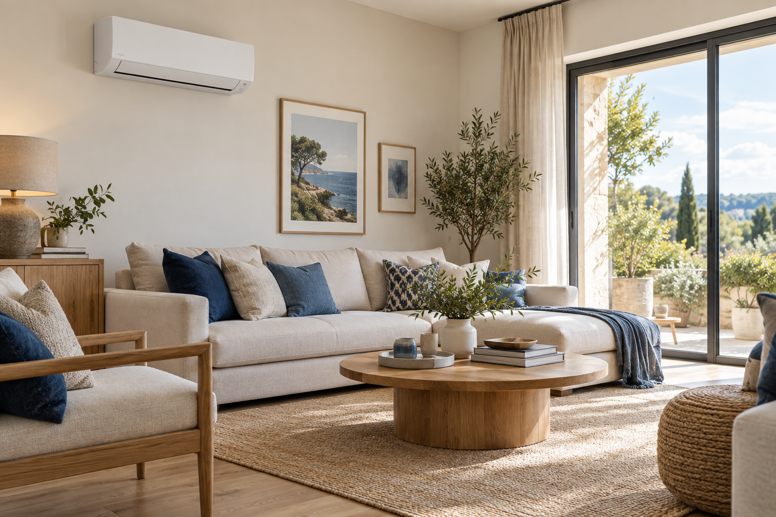 Salon contemporain avec une climatisation murale